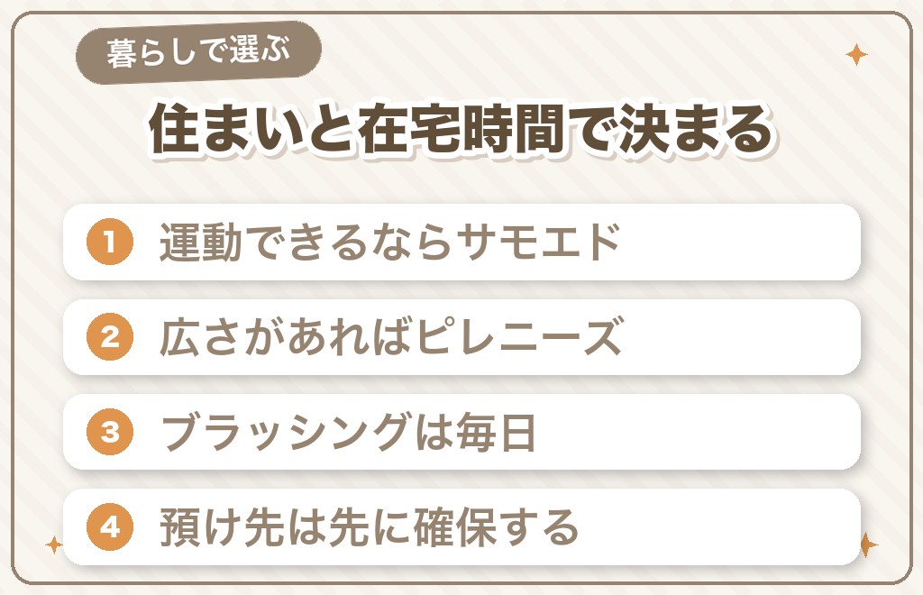グレートピレニーズとサモエドはどっちが飼いやすい?暮らし方で選ぶ